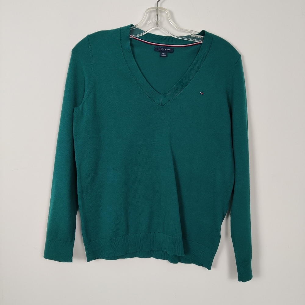 Tommy Hilfiger Women's V-neck Sweater in Green Size Small Cotton Blend Classic